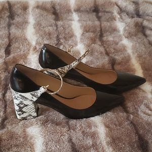 Black and snake print block heels